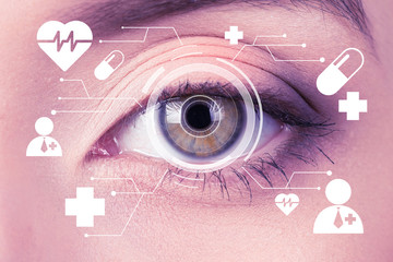 Future woman with cyber technology treatment eye panel concept