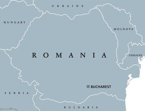 Romania political map with capital Bucharest, national borders and neighbor countries. Sovereign sate in Eastern Europe. Gray illustration with English labeling, isolated on white background. Vector.
