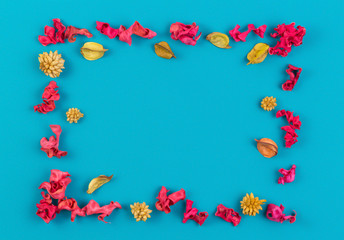 Pink and yellow dried flower plants rectangular border frame on blue background. Top view, flat lay.