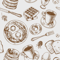 Seamless pattern with hand-drawn breakfast elements. Vector illustration. - obrazy, fototapety, plakaty