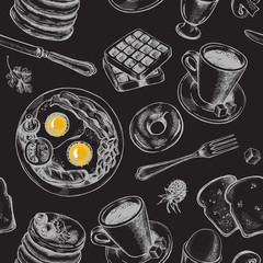 Seamless pattern with hand-drawn breakfast elements. Vector illustration. - 138342810
