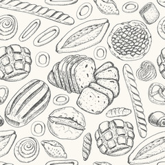 Seamless pattern with a variety of bakery products