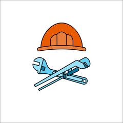 Plumber Vector illustration Plumber's helmet and adjustable wrench crossed with pipe wrench on white background Thin line