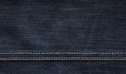 The texture of classic black denim cloth. Dark jeans background with thin seams