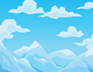 Winter scene with mountains landscape, blue sky and clouds.