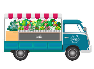 Flower shop. Flowers shop mobile on wheels. Vector illustration. A blue car with bouquets of flowers.