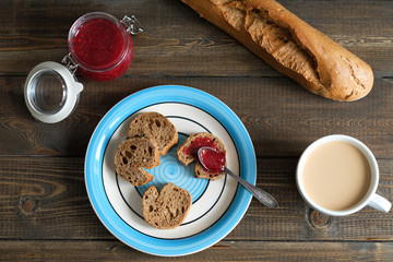 coffee slices of baguette with jam