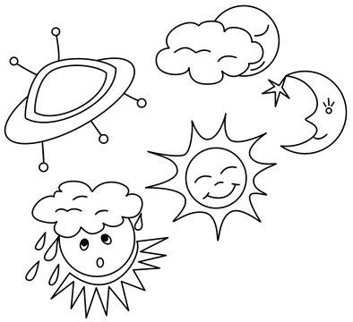 Vector set of sun with clouds, moon and space theme icons in black color, transparent hand drawn illustration