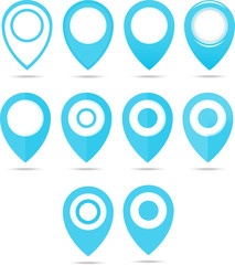 Set of 12 blue geo pins. Geolocation signs set. Geolocate and navigation sign.
