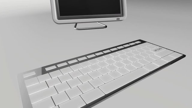 Seamless looping 3D animation of a computer keyboard with a upload key pressed blue and chrome version 