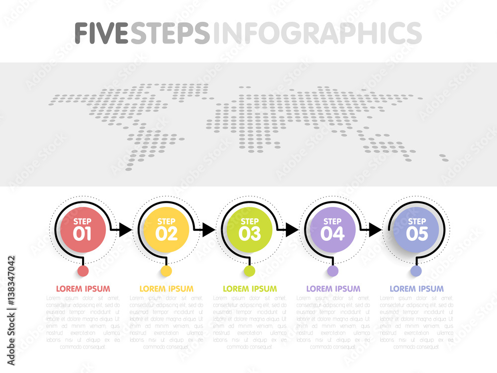 Poster business infographics template. timeline with 5 circle arrow steps, five number options. world map i
