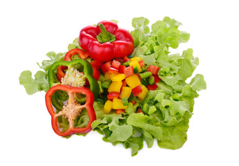 pepper red, green,yellow and lettuce isolated on a white background.
