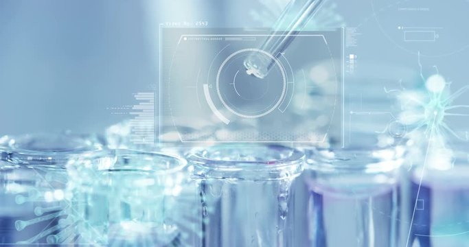 In a laboratory, a scientist with a pipette analyzes a colored liquid to extract the DNA and molecules in the test tubes. Concept: research, biochemistry, nature, pharmaceutical medicine