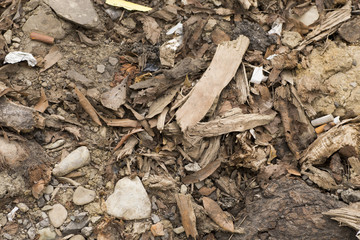 wood peeling and pebbles on the floor with cigarette butts