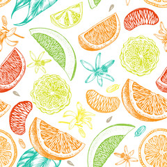 Decorative seamless pattern with ink hand-drawn citrus slices. Vector illustration.