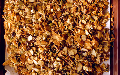 Granola on a tray after bake