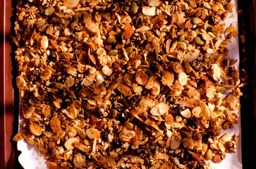 Granola on a tray after bake