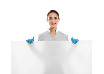 Hotel female chambermaid with banner on white background