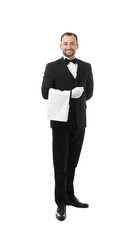 Handsome waiter with towel on white background
