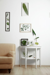 Frames with green leaves in interior on white background