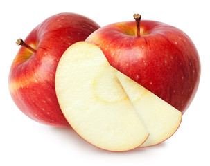 Isolated apples. Two red apple fruit with slices (cut) with leaves isolated on white with clipping path