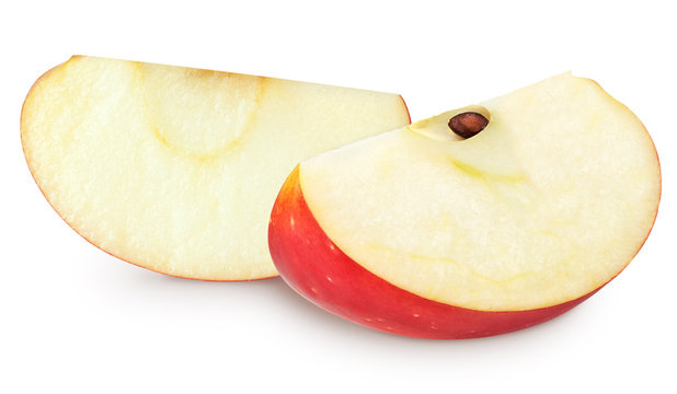 Isolated apple slices. Red apple fruit slices (cut) isolated on white with clipping path