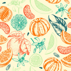 Decorative seamless pattern with ink hand-drawn tangerine and citrus slices. Vector illustration.