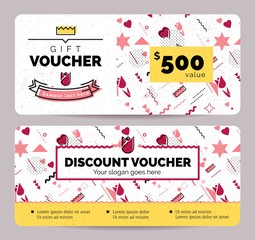 Fototapeta premium Gift Voucher Coupon discount for Women's Day celebration with holiday symbols in retro 80s, 90s memphis style. Vector illustration