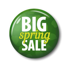 Bright green round button with words 'Big Spring Sale' on white background with shadow. Plastic circle label with discount offer. Realistic vector illustration.