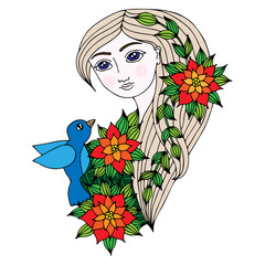 Colorful portrait of a beautiful girl with long hair with bird, flower and leaves