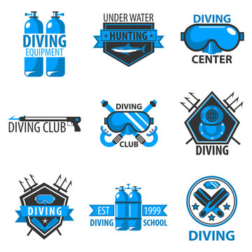 Scuba diving center or underwater hunt club vector template icons