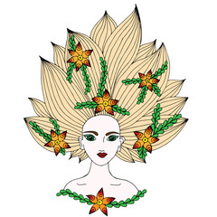 Colorful portrait of a beautiful girl with long hair with flower and leaves