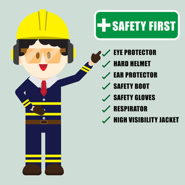 Construction ,Technician worker pointing safety first sign, safety first concept, vector illustrator