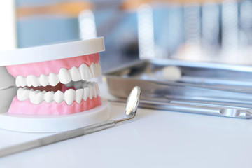 Dentist equipment on white table