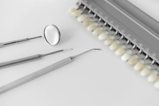 Dentist equipment on white table