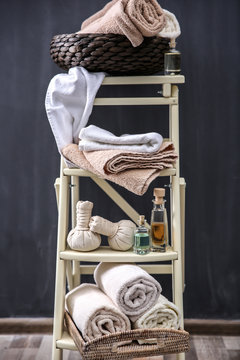 Ladder shelves with spa stuff