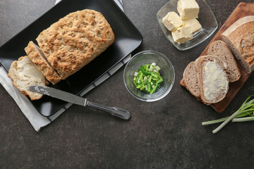 Sliced beer bread on table