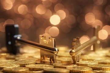 Close up of keys on Euro coins over defocused lights