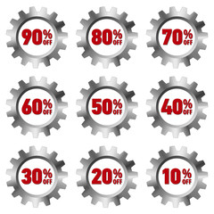 Metal gears with red discount offers from  90 to 10 percent. Sale tags on white background for industrial and engineering companies, car shops, part stores. Realistic vector illustration.