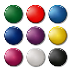 Set of nine colored pin magnets (badges), including black and white. Office equipment. 3d bright plastic circles. Collection of round buttons. Realistic vector illustration.