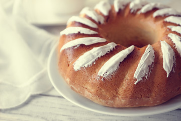 Tasty Easter cake on table
