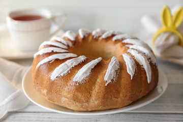 Tasty Easter cake on table
