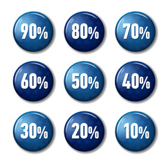 Bright blue round buttons with discount offers from 90 to 10 percent. Tags for winter sale, with snowflakes. Plastic circle labels on white background with shadow. Realistic vector illustration.