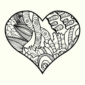 Zentangle heart  with abstract floral pattern inside. Design element for Valentine`s day. Adult coloring book page. Black and white.