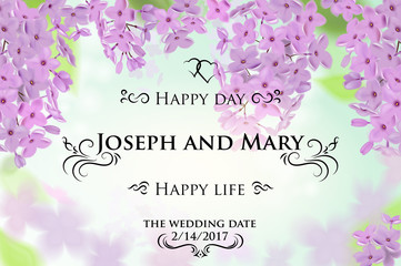 Greeting card with lilac, can be used as invitation card for wedding, birthday and other holiday and summer, spring background. Vector illustration.