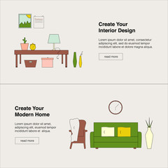 Interior Design Web Banner. Living room flat color vector illustration.