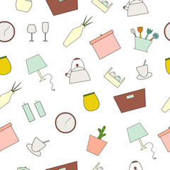 Houseware seamless pattern. Homewares line icons on a white background. Home design vector elements.