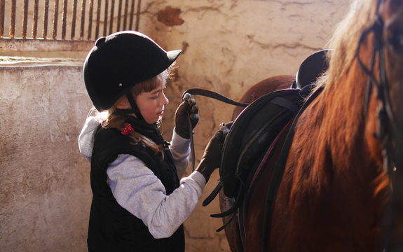 Girl stands near the horse. Girl hugging a horse.