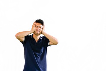 Naklejka premium Casual man with headache on white background chinese man under stress massaging his head.