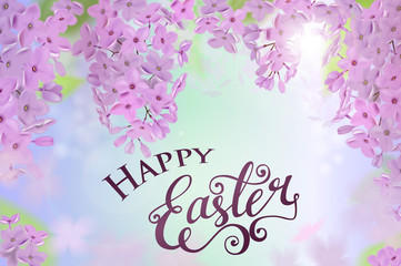 Fototapeta na wymiar Happy easter card with lettering, lilac flowers bouquet and doodle branches. Vector